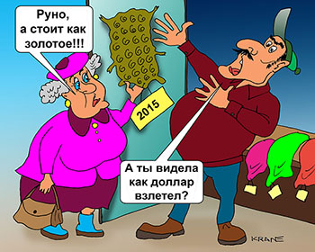 Золотое руно стоит 2015 рублей. На рынке женщина торгуется. Продавец увеличивает стоимость от курса доллара.  карикатура