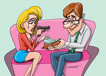 Карикатура про деньги для девушки. Девушка просит у своего парня денег для решения проблемы