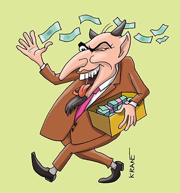 Карикатура про дьявольские деньги. Дьявол сорит деньгами