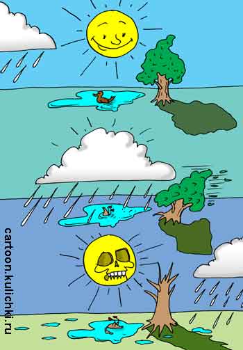 Карикатура о кислотных дождях. После кислотного дождя все погибло и утка, и озеро, и дерево, и даже солнце.
