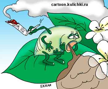 Карикатура о сезонных дачных работах. Дачник окуривает растения от тли.