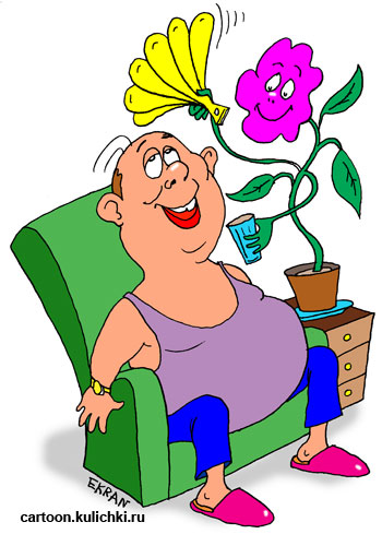 Карикатура о сезонных дачных работах. Дачник отдыхает вдыхая аромат цветов. Но не все цветы полезны для нюханья.       