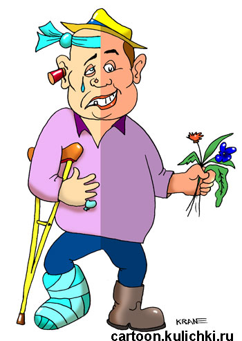 Карикатура про дачника. Дачник лечится лекарственными растениями.
