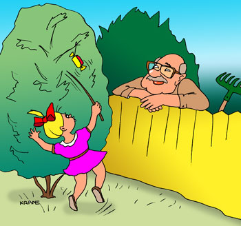 Карикатура про дачника. Дачник повесил на яблоню конфетку и маленькая девочка палкой пытается конфетку сбить.