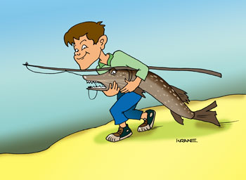 Карикатура про рыбака. Мальчик поймал на удочку огромную щуку.