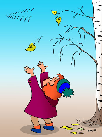Карикатура об осени. Девочка смотрит в даль улетающему косяку перелетных птиц на юг. С березы спадает последний листок.