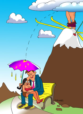 Карикатура о любви под зонтиком. Влюбленная парочка на скамейке под зонтиком целуются. Она сидит у него на коленях. Любовь слепа и не замечает, что с горы на них мочится горнолыжник.