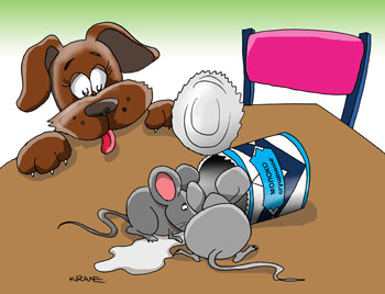 Карикатура о мышах. Карикатура о мышах. Две мышки едят сгущенное молоко на столе. Песик смотрит на мышей.