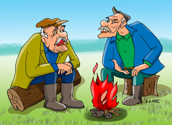Карикатура о смысле в жизни. Два деда у костра сидят на покосе и рассуждают о смысле в жизни.