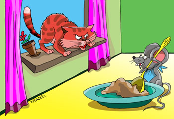 Карикатура о кошке и мышке. Мышка ест большой ложкой кашу. Кошка готовится к прыжку с подоконника на наглую мышь.