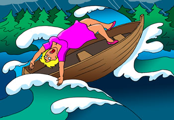 Карикатура о лодке в шторм. Женщина плыла в лодке. Разыгрался шторм и даму выкинуло волной за борт.