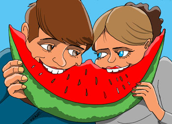 Карикатура о б арбузе. Парень и девушка едят арбуз. Сказа из жизни про любовь со счастливым концом.