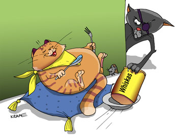 Карикатура о коте. Жирный рыжий кот спит на подушке. Одноглазый бандитский кот ворует Whiskas.