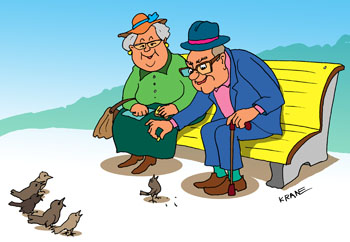 Карикатура о воробьях. Дедушка и бабушка на скамейке кормят булочкой воробьев. Самый смелый подлетел всех ближе.