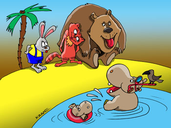 Карикатура о зайце Пете. Заяц Петя, кот Пуфик, медведь, ворона в Африке смотрят как купается гиппототам.