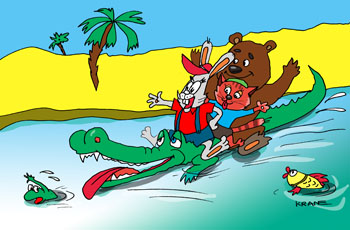 Карикатура об Африке. Сказка про зайку Петю. Добрый крокодил везет зайца, кота и медведя по реке.