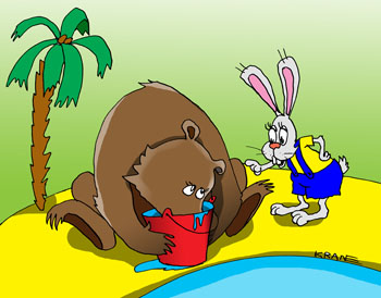 Карикатура о медведе. Медведь опусти свой нос в ведро с водой. Заяц его учит уму разуму. 
