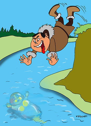 Карикатура о Золотой Бабе. Прыгает в речку. Увидел в воде сверкает золотая баба. Тюмень, река Тура.