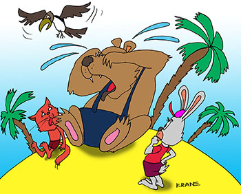 Карикатура о зайке Пете. Медведь плачет, кот горюет, зайка Петя не верит, что они останутся в Африке навсегда.