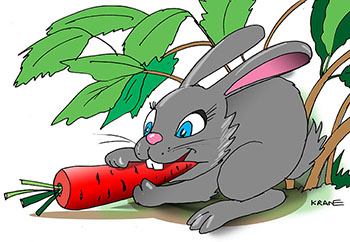 Карикатура о зайце с морковкой. Заяц грызет морковку под кустом