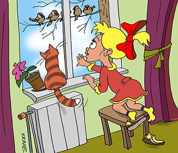 Карикатура о воробьях. Девочка забралась на подоконник и свалился с нее тапок. Кот смотрит на воробьев на ветке