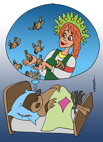 Карикатура о сне воробья. Воробей спит в своей кроватке и видит сон. Девушка Весна кормит хлебом воробьев.