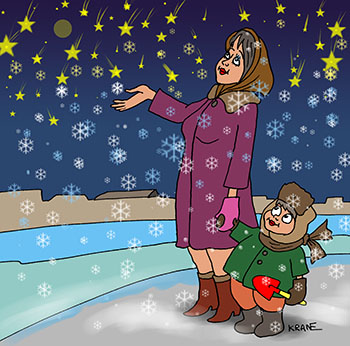 Карикатура о снежинках. Сын с мамой вечером смотрят на звезды и падающие снежинки.