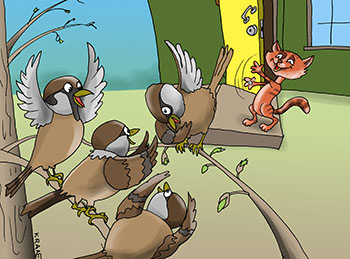 Карикатура о воробушке. Воробей поклонился своим друзьям. Все рады Весне и песни птиц. Кот хлопает в ладоши