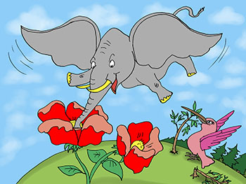 Карикатура о летающем слоне. Слон летает, а колибри ходит и ломает деревья. 