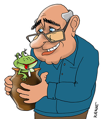 Карикатура о лягушке в молоке. Михайлов держит крынку молока с лягушкой
