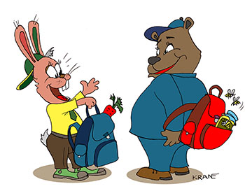 Карикатура о зайке Пете. Зайка Петя обменивается рюкзаками с Мишуткой. Рюкзак Петя хочет красный.