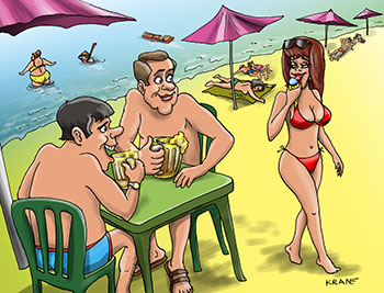 Карикатура о девушке с мороженным. На пляже двое пьют пиво. Мимо проходит девушка и ест мороженное. Море, отдыхающие.