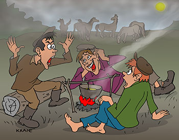 Карикатура про ночное. Трое у костра травят байки. Рядом в тумане пасутся лошади