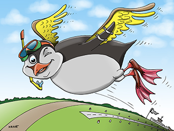 Карикатура про пингвина. Летит пингвин в ластах и маске с крыльями как у Икара. Внизу взлётная полоса.