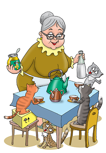 Карикатура про котов за столом. Бабушка угощает котов молоком. Коты уселись за стол