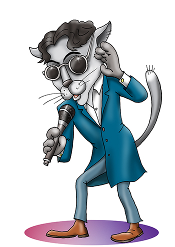 Карикатура про Лепса. Певец Григшорий Лепс в костюме кота поёт на сцене