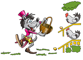Карикатура про волка и и яйца от курочек. От наседок катятся яйца, волк в корзину ловит яйца. Игра электроника.