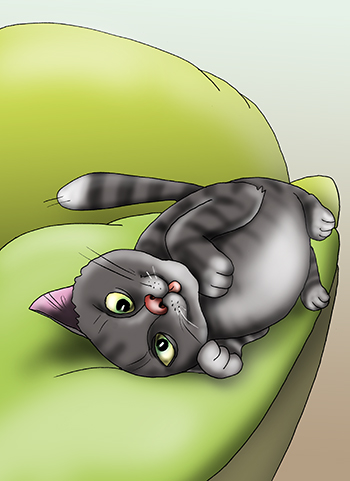 Карикатура про черного кота на диване. Черный кот нежится на диване.