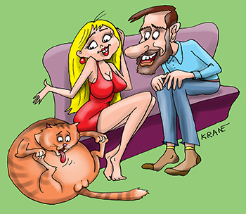 Карикатура про толстого рыжего кота. Хозяйка показывает жениху как она может откармливать котов.