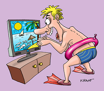 Карикатура про отдых на море. Море смотрят по телевизору, а кто побогаче то с компьютера.