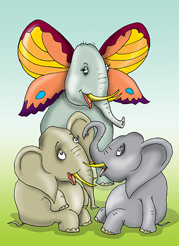 Карикатура про слона с красивыми ушами. У слона уши как крылья бабочки.
