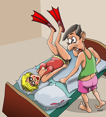 Карикатура про отдых на море. Жена намекает мужу, что хочет на море… Третий день спит в ластах!