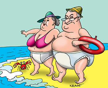 Карикатура про читоту моря. Двое отдыхающих идут купаться в море во взрослых памперсах.