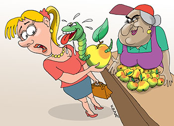 Карикатура про червивое яблоко. Женщина на рынке покупает яблоки. Из яблока вылез червяк. Показывает язык.