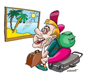 Карикатура про путешественника. Турист мечтает об отдыхе в жарких странах на море.