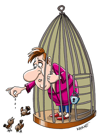 Карикатура про клетку с птицами. Мужчина в клетке кормит птичек.