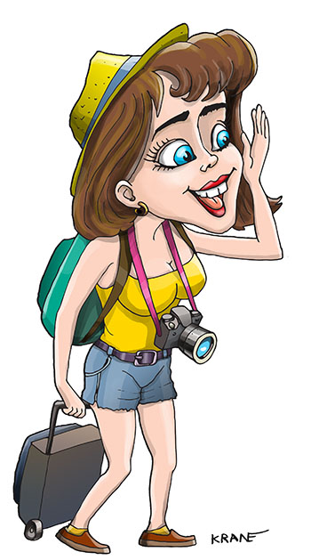 Карикатура про туриста. Турист девушка с чемоданом, с фотоаппаратом. Удивленный, восхищенный взгляд.