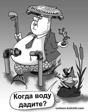 Карикатура о водоканале. Водяной на болотной кочке сидит – водоканал. Лягушка спрашивает – когда воду дадите?