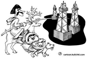 Карикатура нефтяных и газовых месторождениях на тюменском севере. Нефтяные вышки стоят на родовых угодьях хантов.  Хант на оленя взобрался и как Дон Кихот ринулся на борьбу с ветряными вышками.