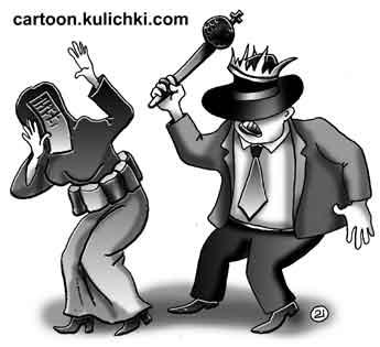 Карикатура о терактах. Власть скипетром борется с женщинами смертницами с поясами шахида.